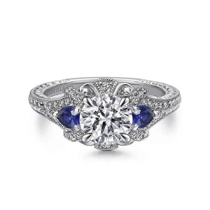 14K White Gold Diamond and Sapphire Semimount Ring Gabriel Co Rings