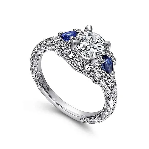 14K White Gold Diamond and Sapphire Semimount Ring Gabriel Co Rings