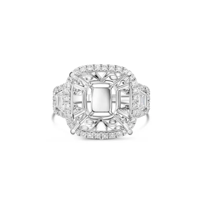 18K White Gold Semi Mount Diamond Ring with Cushion Halo and Trapezoid Diamond Sides Engagement Collections Rings