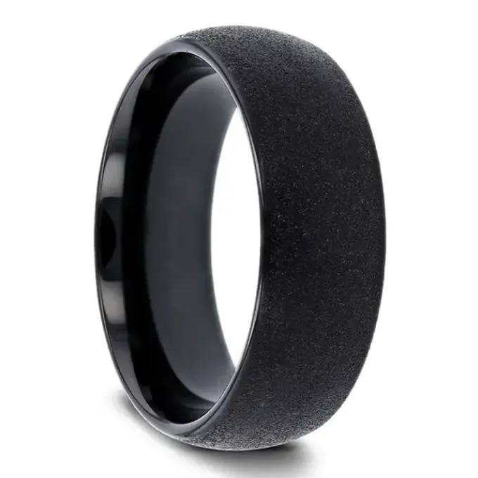Mens Bands Rings Domed Black Tungsten Carbide 6mm Band with Sandblasted Finish