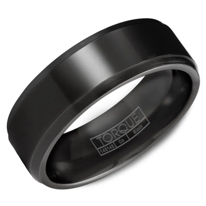 Rings CrownRing 7mm Black Cobalt Polished Step Edge Wedding Band with Brushed Edges