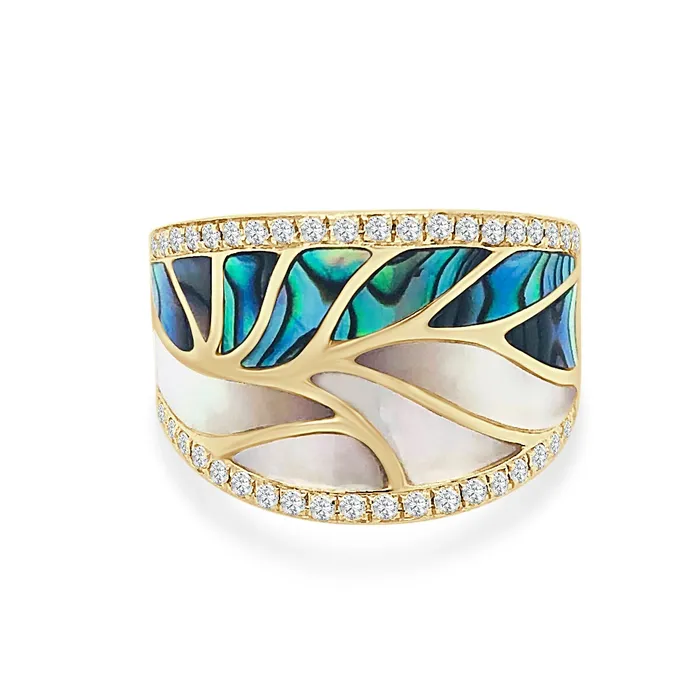 Rings Frederic Sage Frederic Sage 14K Yellow Gold Venus Wave Ring with Abalone MOP and Diamonds