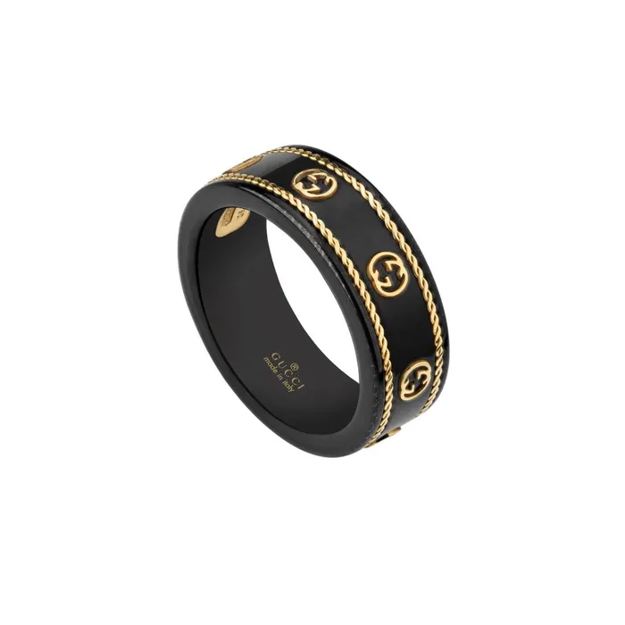 Rings Gucci Gucci 18K Yellow Gold Black Synthetic Corundum Icon Band Ring