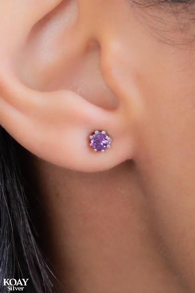 KOAY Silver Store Earrings Tiny Purple Zircon Earring