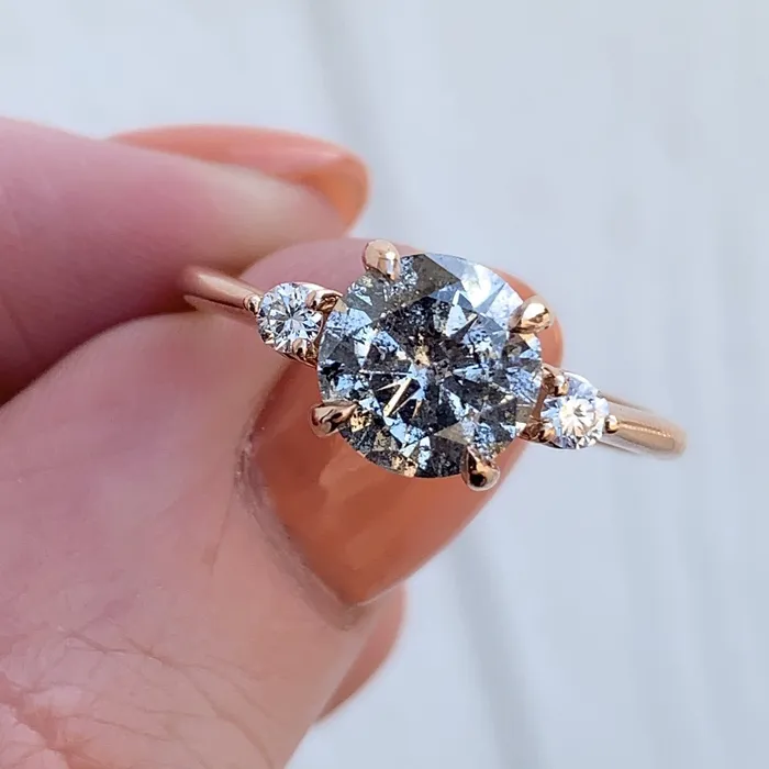 Rings Anueva Jewelry 156ct Round Salt And Pepper Diamond Three Stone Ring In 14k Rose Gold