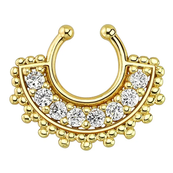 Rings Tulsa Body Jewelry Large Paved Gem Fan Gold NonPiercing Septum Ring