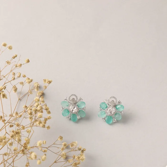 Garden Blooms Green Beads and CZ Stud Earrings SILVER Earrings