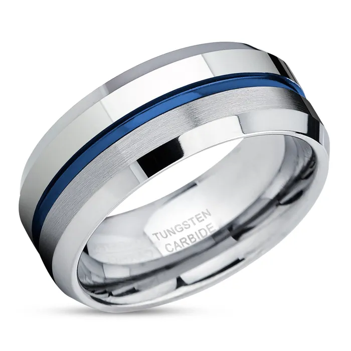 Rings Blue Tungsten Ring Silver Wedding Ring Blue Wedding Band Tungsten Wedding Band Clean Casting Jewelry