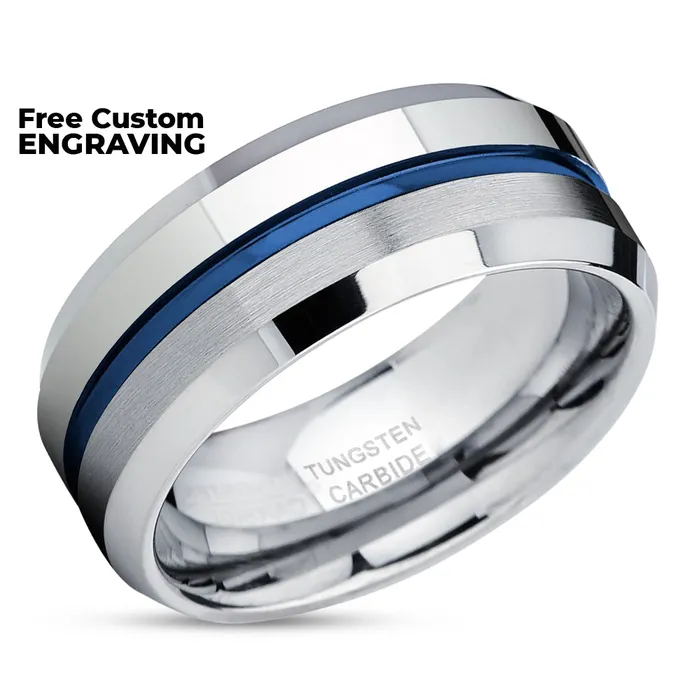 Rings Blue Tungsten Ring Silver Wedding Ring Blue Wedding Band Tungsten Wedding Band Clean Casting Jewelry