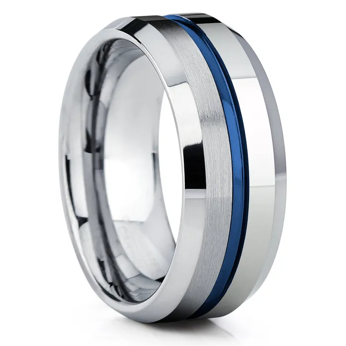 Rings Blue Tungsten Ring Silver Wedding Ring Blue Wedding Band Tungsten Wedding Band Clean Casting Jewelry