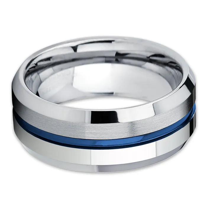 Rings Blue Tungsten Ring Silver Wedding Ring Blue Wedding Band Tungsten Wedding Band Clean Casting Jewelry