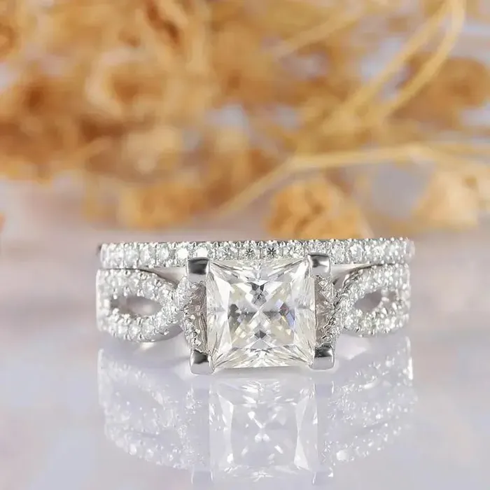 Rings Luxus Moissanite Silver or Gold Princess Cut Moissanite Twist Engagement Ring Set 1ct