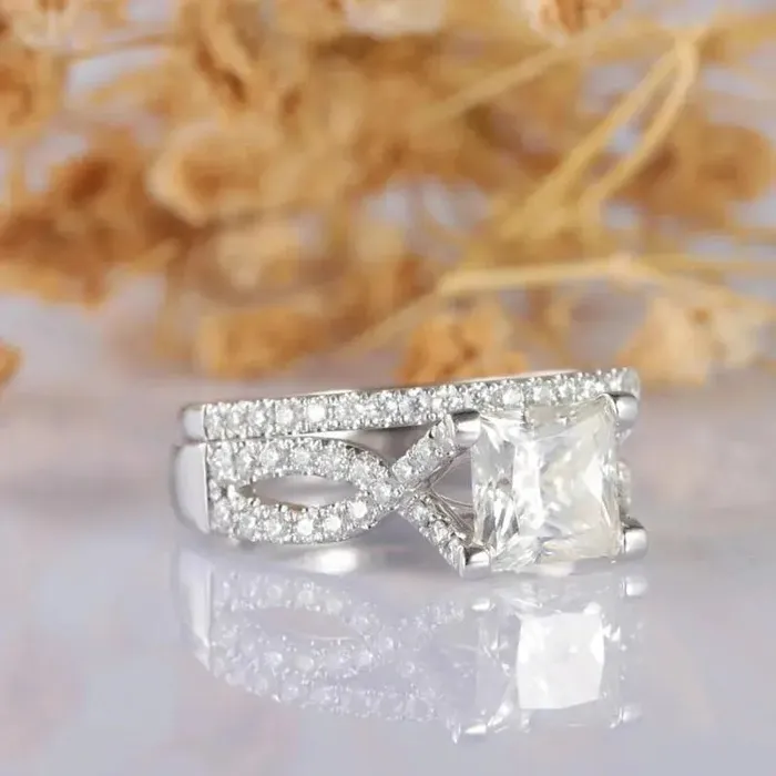 Rings Luxus Moissanite Silver or Gold Princess Cut Moissanite Twist Engagement Ring Set 1ct