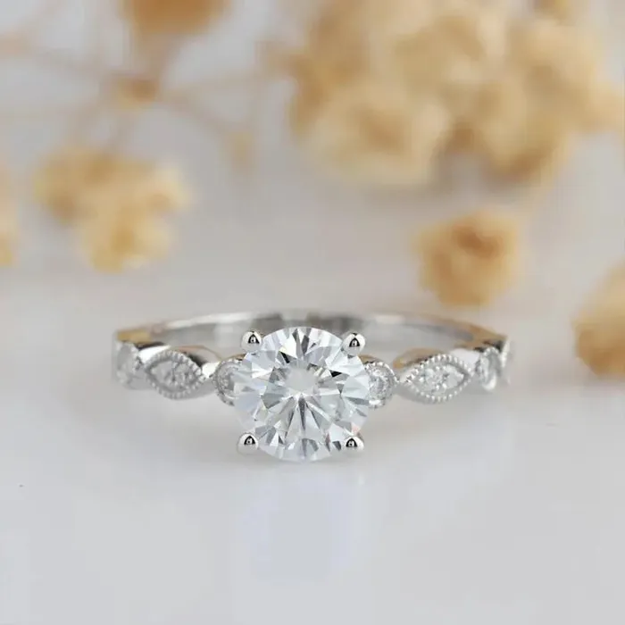 Silver or Gold Antique Milgrain Moissanite Engagement Ring 1ct Luxus Moissanite Rings