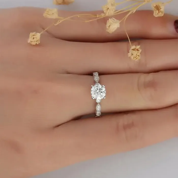 Silver or Gold Antique Milgrain Moissanite Engagement Ring 1ct Luxus Moissanite Rings